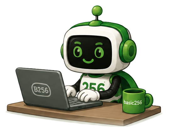BitBot, the BASIC-256 robot mascot, typing on a laptop next to a basic256 mug.