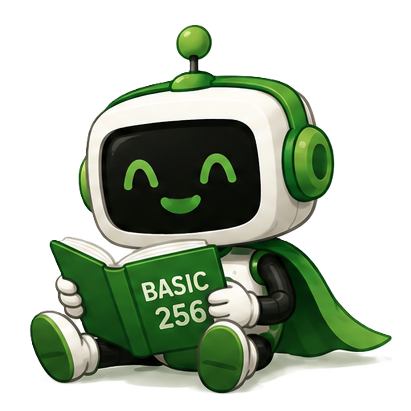 BitBot, the BASIC-256 robot mascot, sitting and reading a book.
